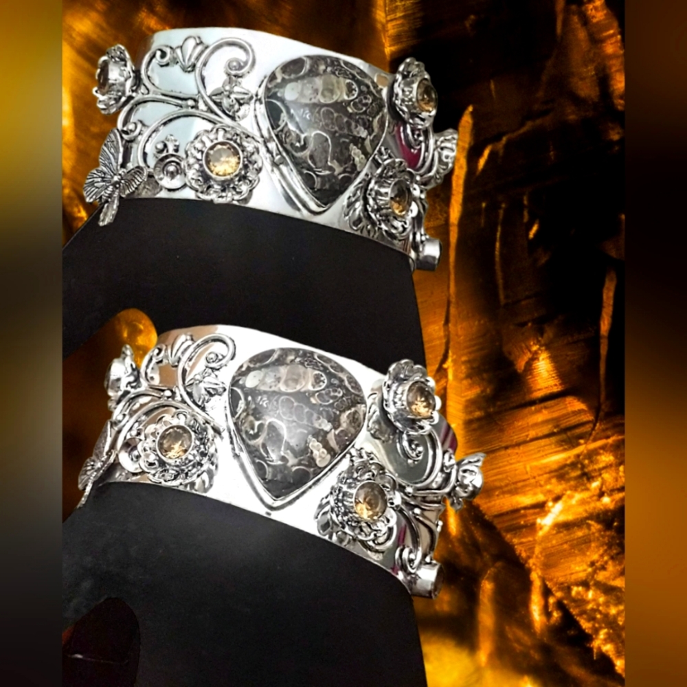 925 Sterling Silver Plated Turtle Agate & Citrine Color Flowers Cuff Bracelet